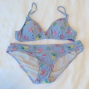 J Crew Pinstripe Bikini with Tropical Print Small